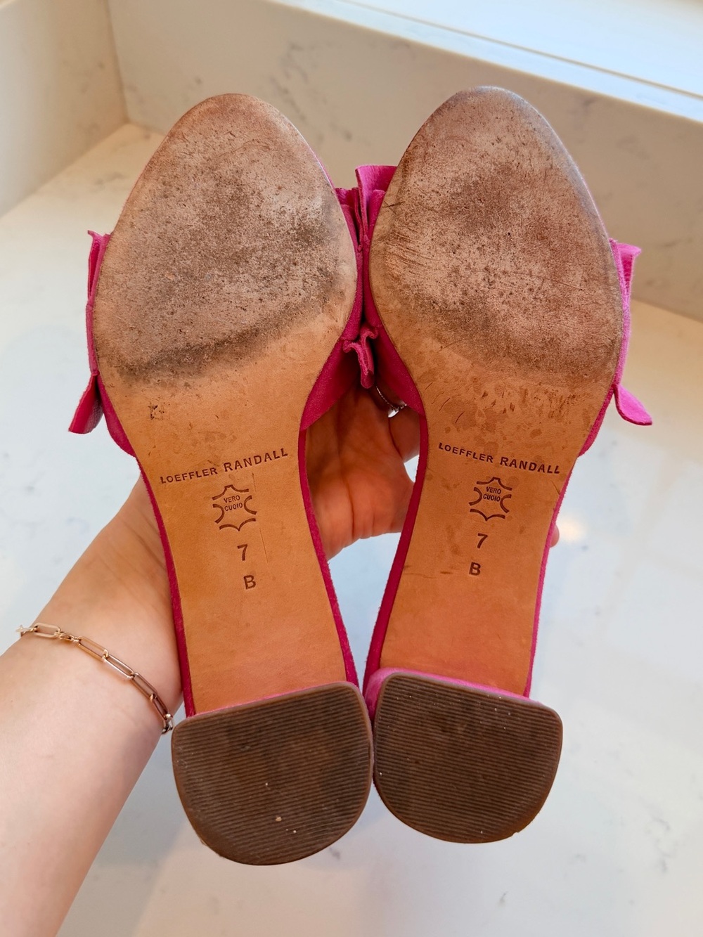 Loeffler Randall Ruffle Slide Sandals Mules Hot Pink Fuchsia Suede Size 7 - Picture 7 of 8